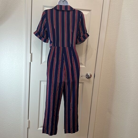 ASOS Pantsuit Sz 0 V Neck Collar Short Sleeve Navy Blue Red Striped Side Belted - Picture 5 of 15